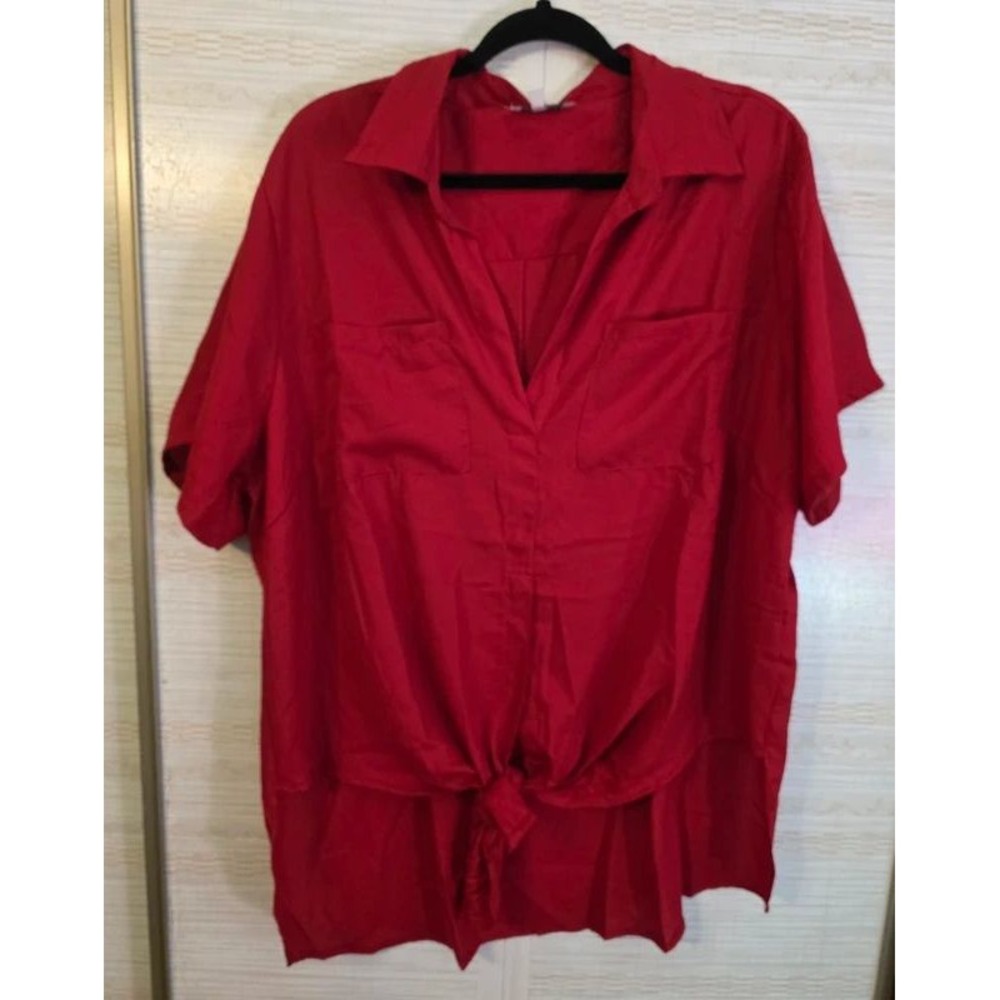Mileage Women Red Short Sleeve Tie Front Button Up Shirt Plus Size 3X High Low